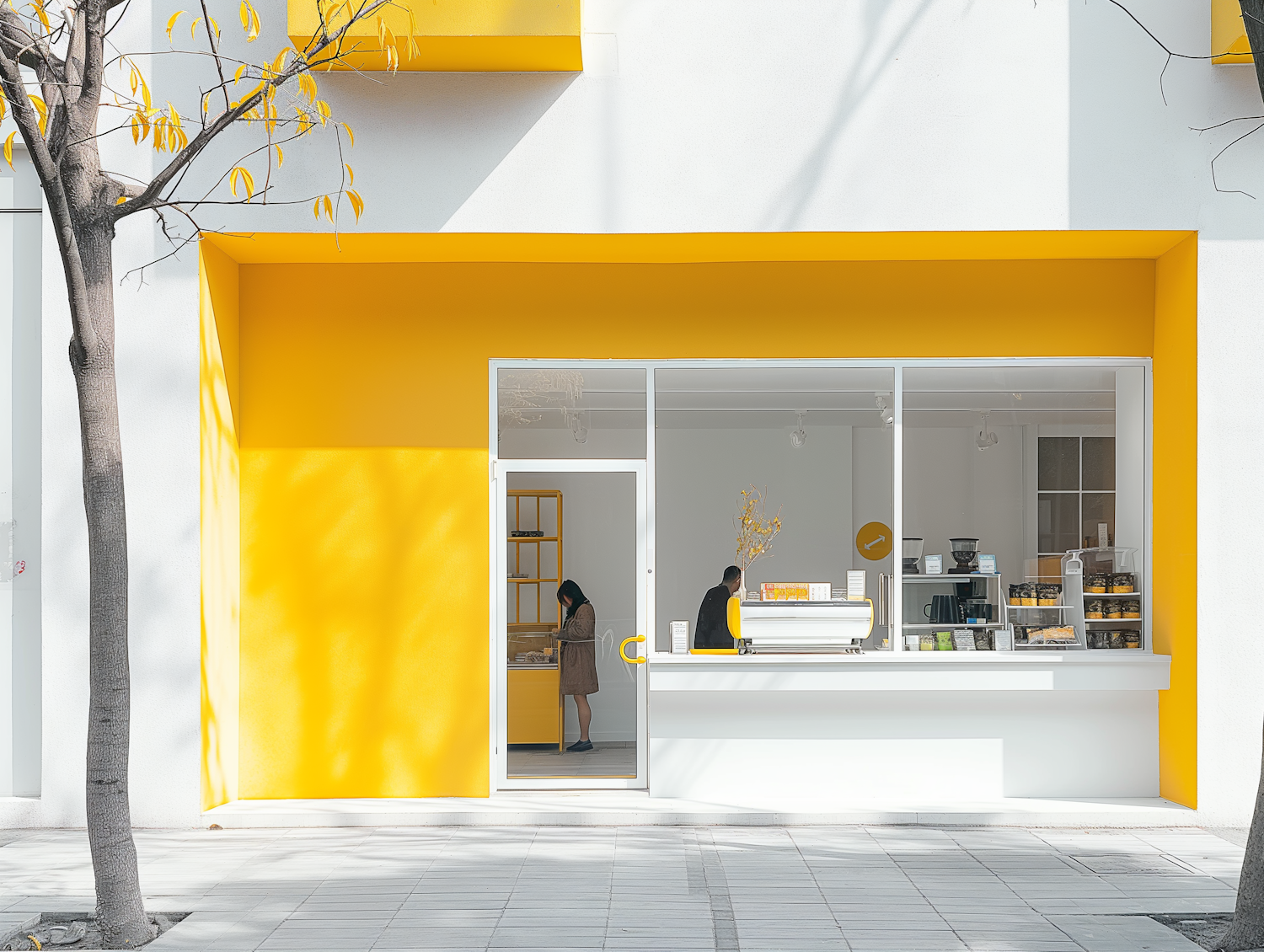 A downtown storefront with a tree casting shadows across the pavement in front of it